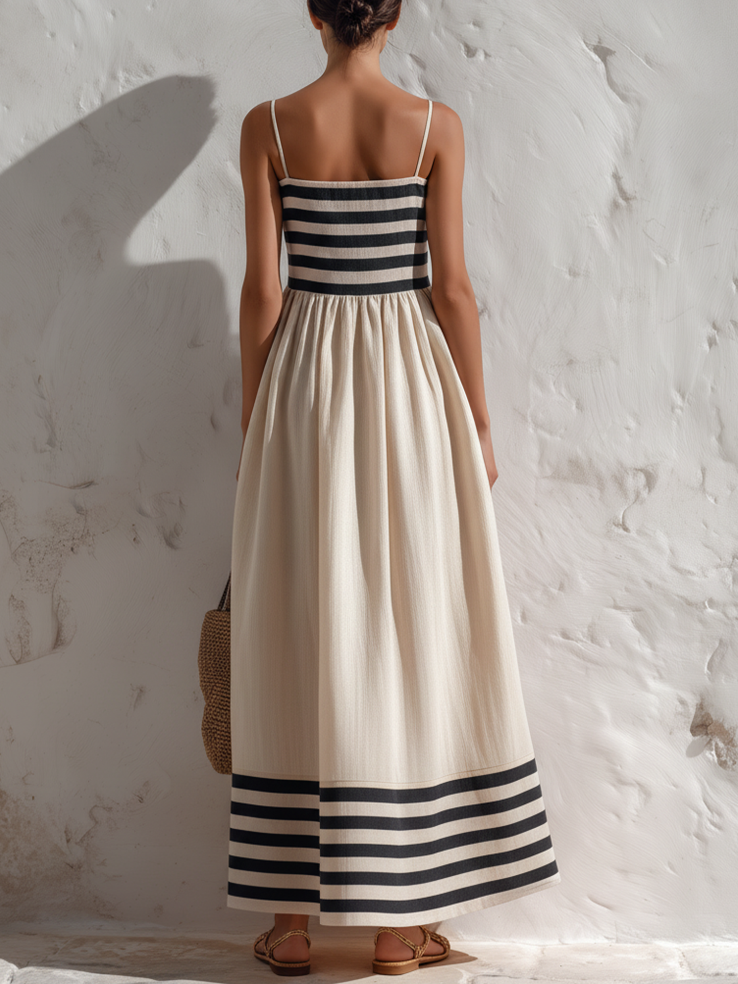 Sol | Vestido largo a rayas negras y beige con tirantes finos