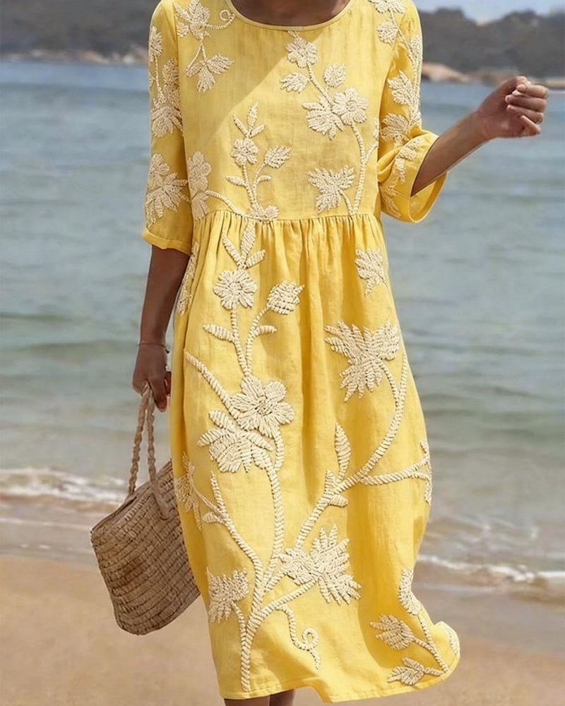 Vestido Floral Amarillo Bordado Vintage