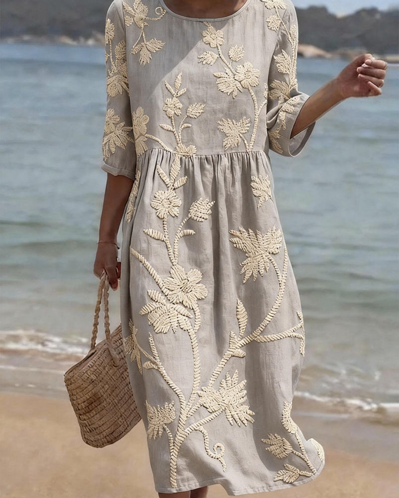 Vestido Floral Gris Bordado Vintage