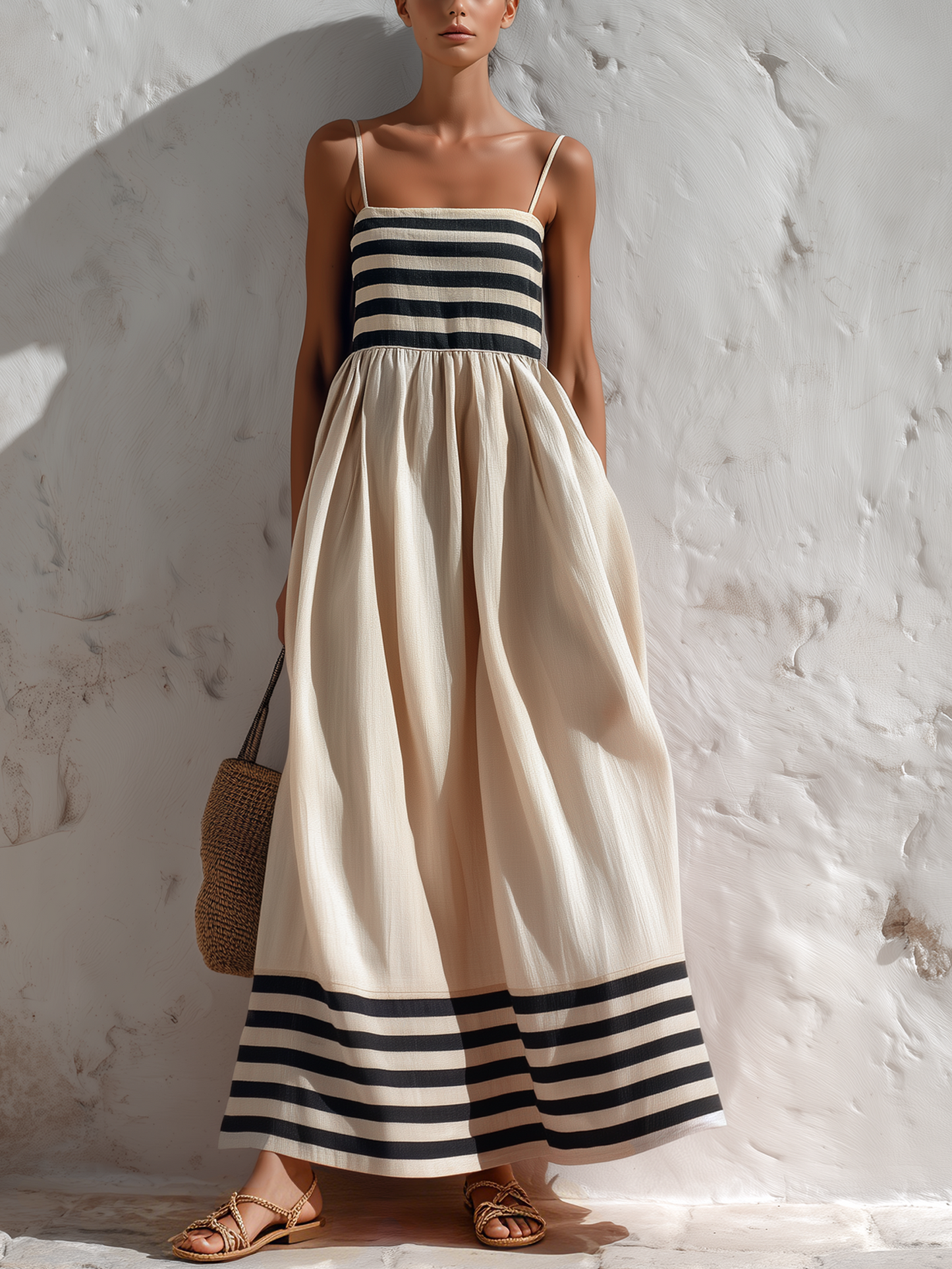 Sol | Vestido largo a rayas negras y beige con tirantes finos