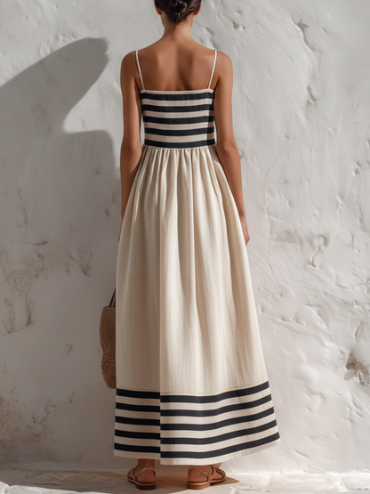 Sol | Vestido largo a rayas negras y beige con tirantes finos