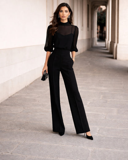Valentina | Conjunto de tres piezas que incluye una camisola transparente y pantalones de pierna ancha.