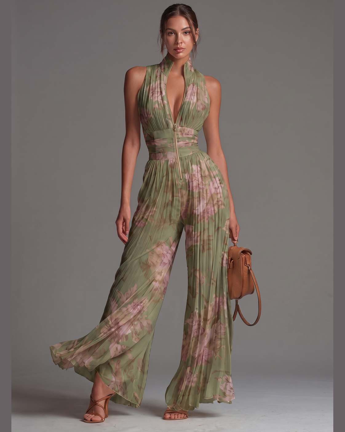 Mono Andrea Verde Floral | Jumpsuit Plisado de Gasa