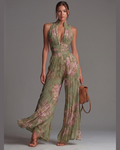Mono Andrea Verde Floral | Jumpsuit Plisado de Gasa