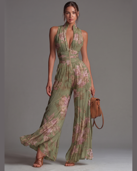 Mono Andrea Verde Floral | Jumpsuit Plisado de Gasa