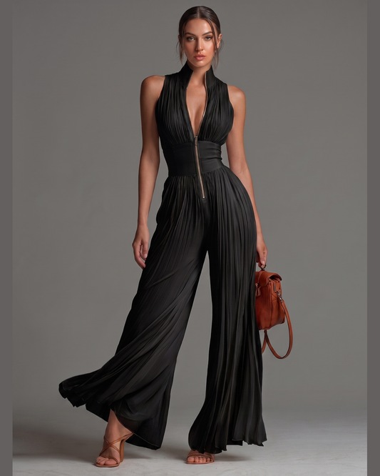 Mono Andrea Negro | Jumpsuit Plisado de Gasa