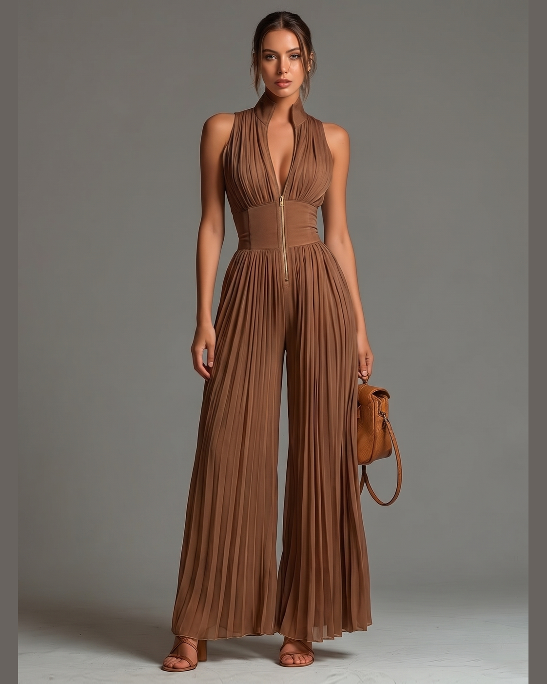 Mono Andrea Caramelo | Jumpsuit Plisado de Gasa