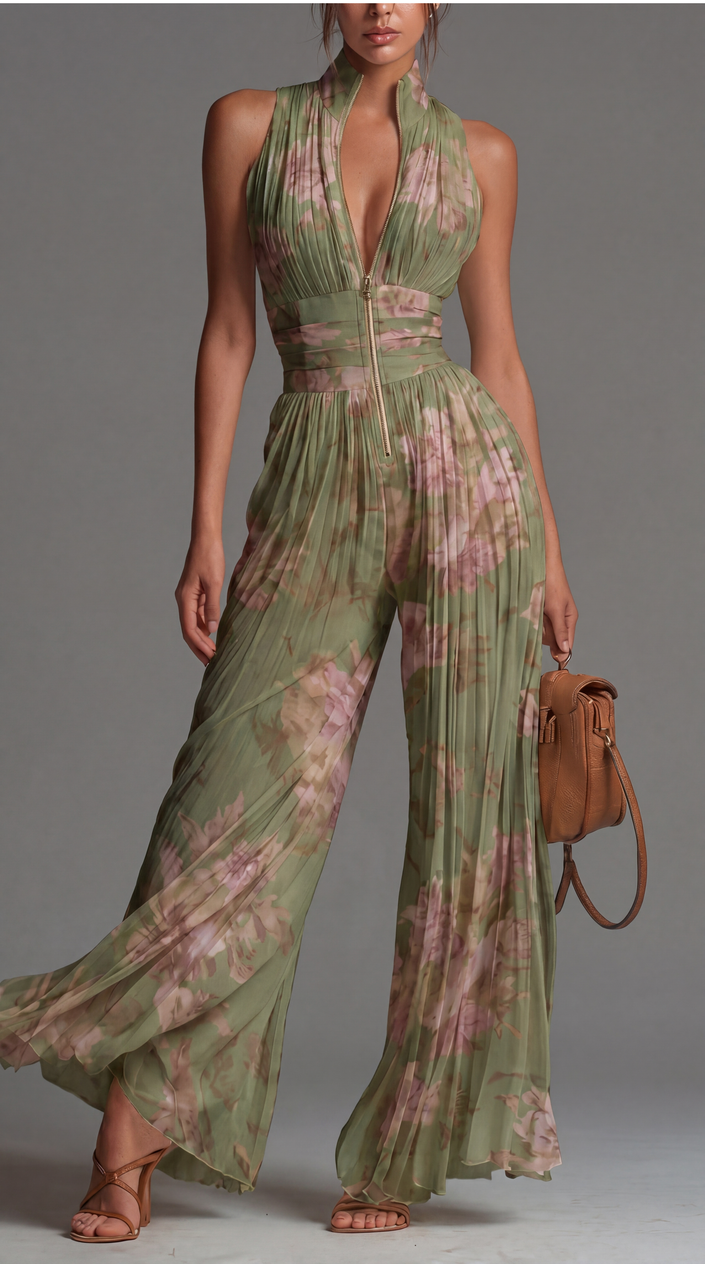 Mono Andrea Verde Floral | Jumpsuit Plisado de Gasa