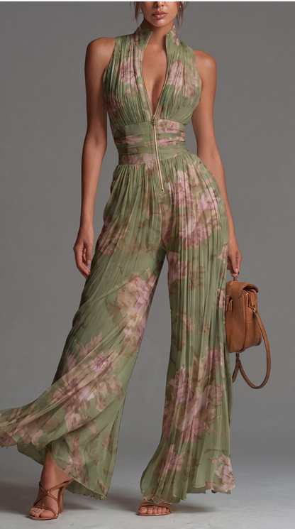 Mono Andrea Verde Floral | Jumpsuit Plisado de Gasa