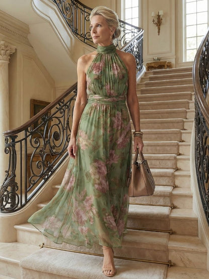 Mirella™ | Vestido Midi Halter Floral con Detalle Fruncido