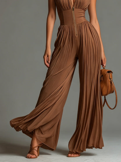 Mono Andrea Caramelo | Jumpsuit Plisado de Gasa