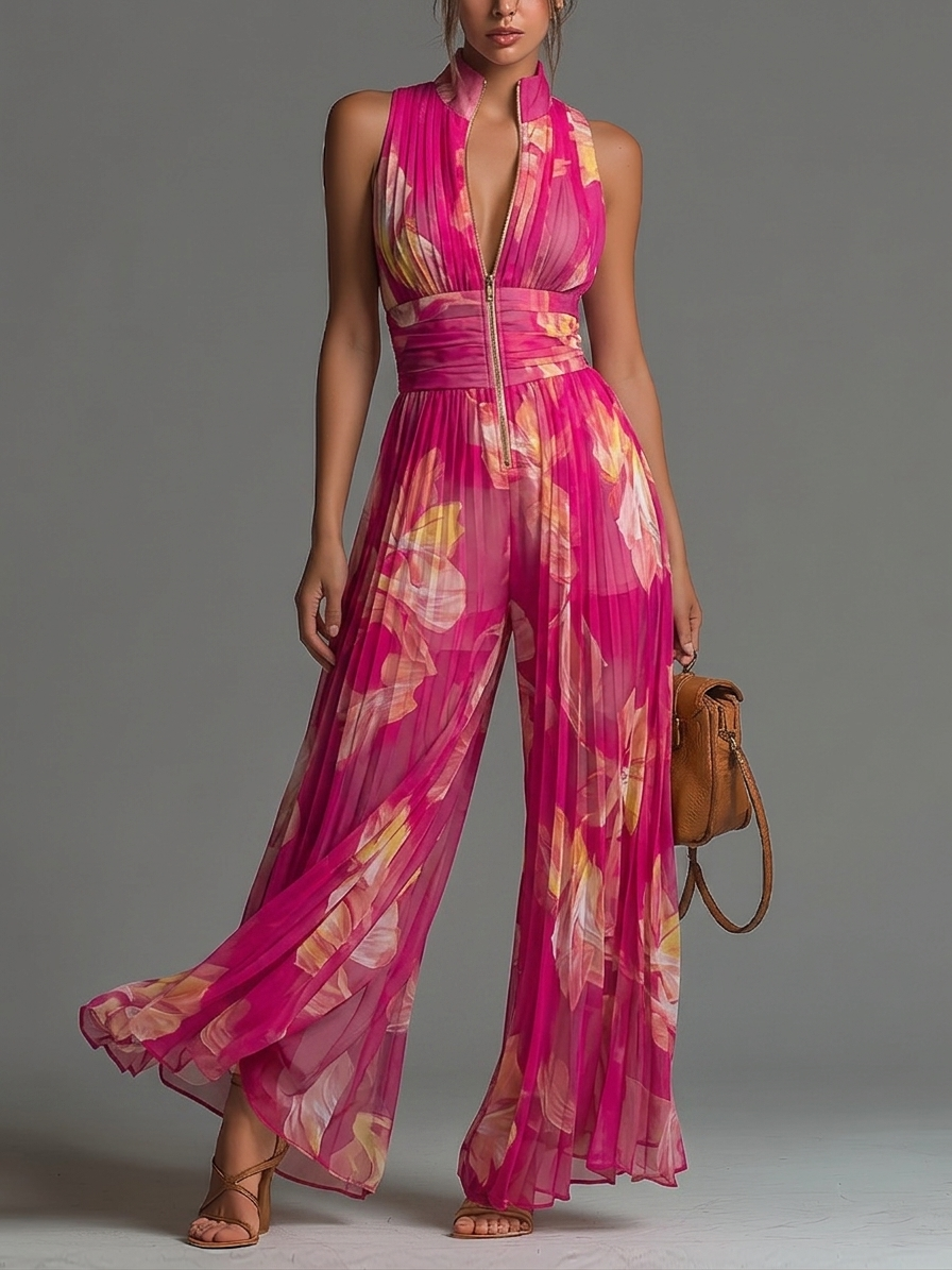 Mono Andrea Fucsia | Jumpsuit Plisado de Gasa