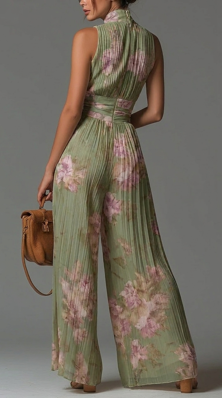Mono Andrea Verde Floral | Jumpsuit Plisado de Gasa