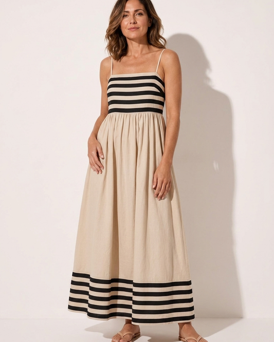 Sol | Vestido largo a rayas negras y beige con tirantes finos