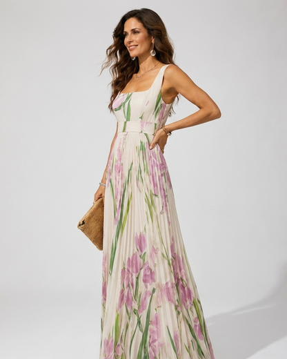 Vestido Largo Plisado con Estampado Floral y Escote Cuadrado
